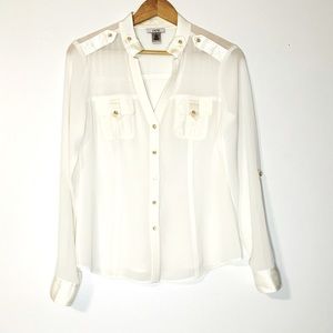 Cache Sheer & Silk Blend White Button Up Top Roll Tab Sleeves Women’s Size Small